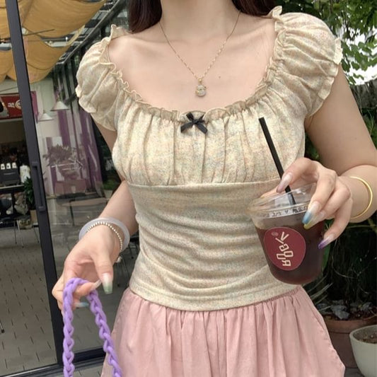 Neck Ruffle Bow Short-Sleeve Square T-Shirt Fit Slim Trim