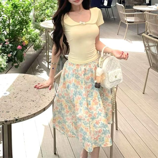 Elastic Scoop Slim Neck Skirt Bow Short-Sleeve Midi Waist Floral Fit T-Shirt / A-Line