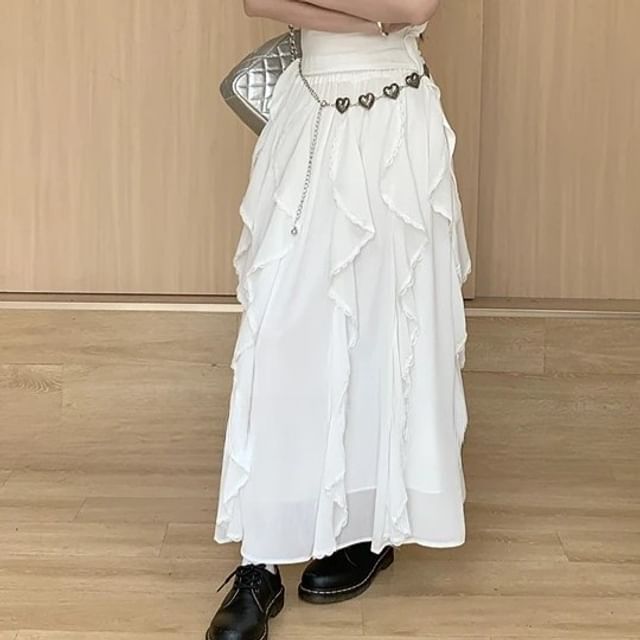 Skirt Trim / Slim Plain Elastic Tank Ruffle Top Asymmetrical A-Line Fit Midi Waist