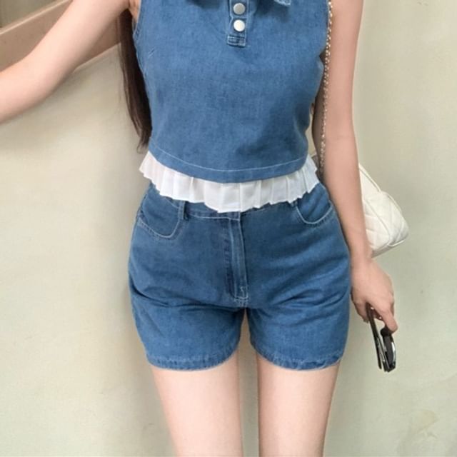 / Trim Henley Collar Shorts Tank Waist Top High Crop Denim Frill