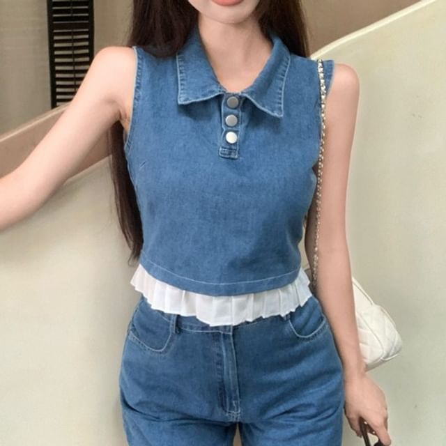 / Trim Henley Collar Shorts Tank Waist Top High Crop Denim Frill
