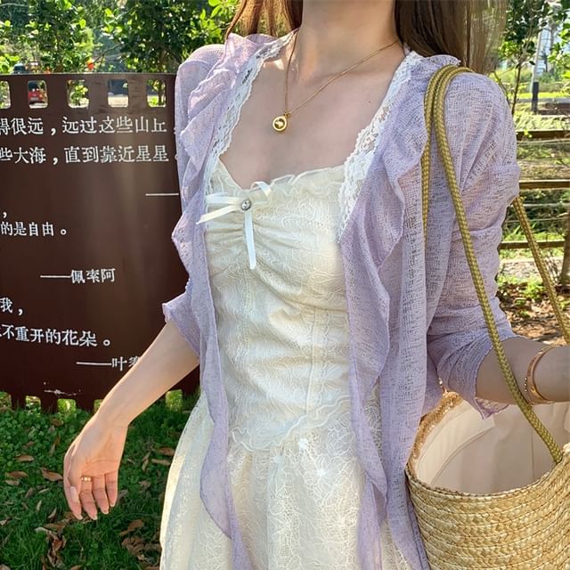 Melange Dress Trim / Cardigan Lace Bow Ruched Mini Ruffle Spaghetti Panel Strap A-Line