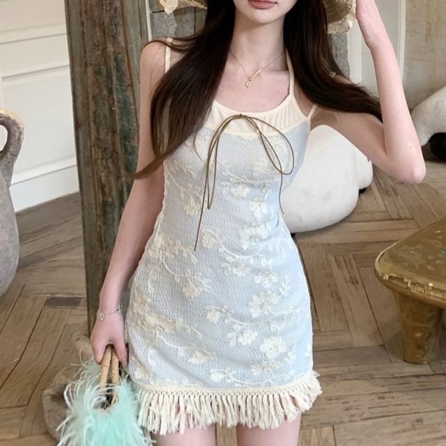 Two-Piece Spaghetti Floral Mini Bodycon Dress Strap Fringed Mock