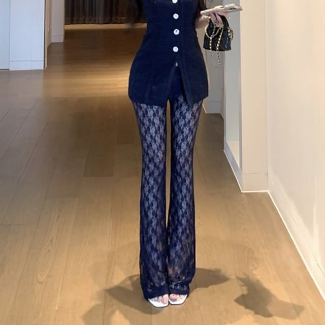 Camisole Floral Fit Bootcut Slim Top Lace Pants Plain / Button