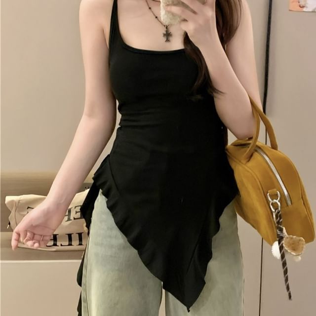 Long Neck Asymmetrical Square Tank Ruffle Slim Top Trim Fit Plain