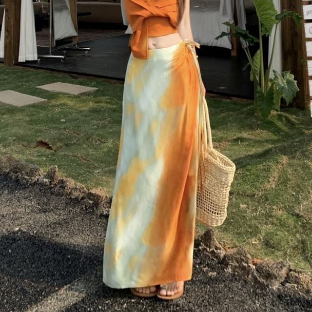 Maxi Halter Mid Tie Dye Slim Knot A-Line Wrap Skirt Cami Plain Fit Rise / Crop Top