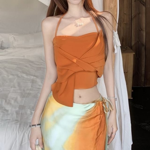 Maxi Halter Mid Tie Dye Slim Knot A-Line Wrap Skirt Cami Plain Fit Rise / Crop Top