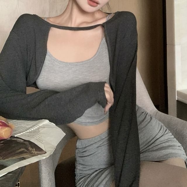 Cardigan Melange Slim Camisole Mini Pencil Crop Waist Elastic Top Skirt / Set Fit Drawstring