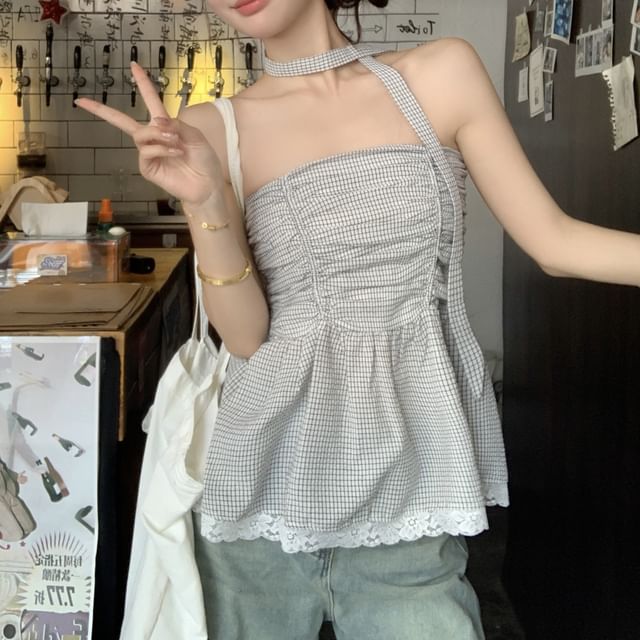 Top Tube Peplum Trim Ruched Plaid Lace