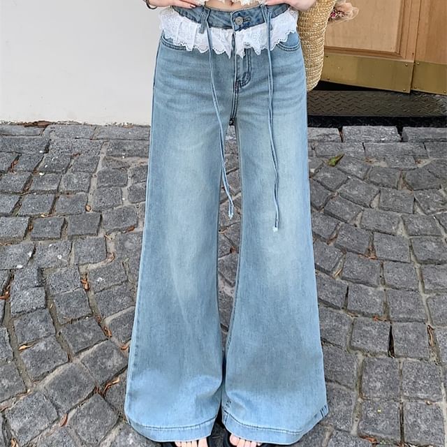 Washed Lace Flared High Panel Rise Jeans