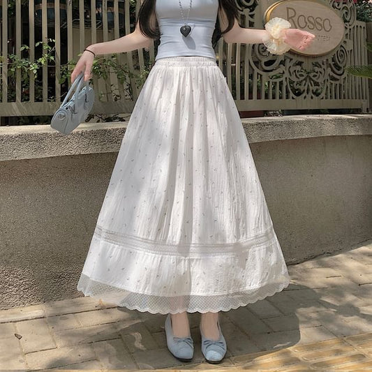 Waist Skirt Lace Elastic A-Line Panel Floral Midi