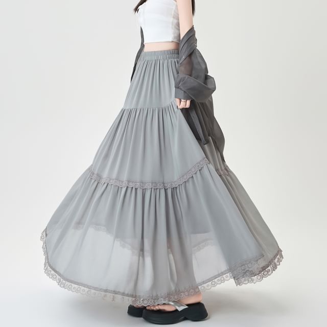 Midi A-Line Lace Waist Trim Elastic Plain Skirt Tiered