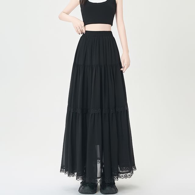 Midi A-Line Lace Waist Trim Elastic Plain Skirt Tiered