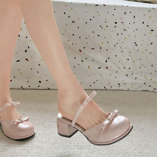 Heel Sandals Bow Chunky Patent Leather