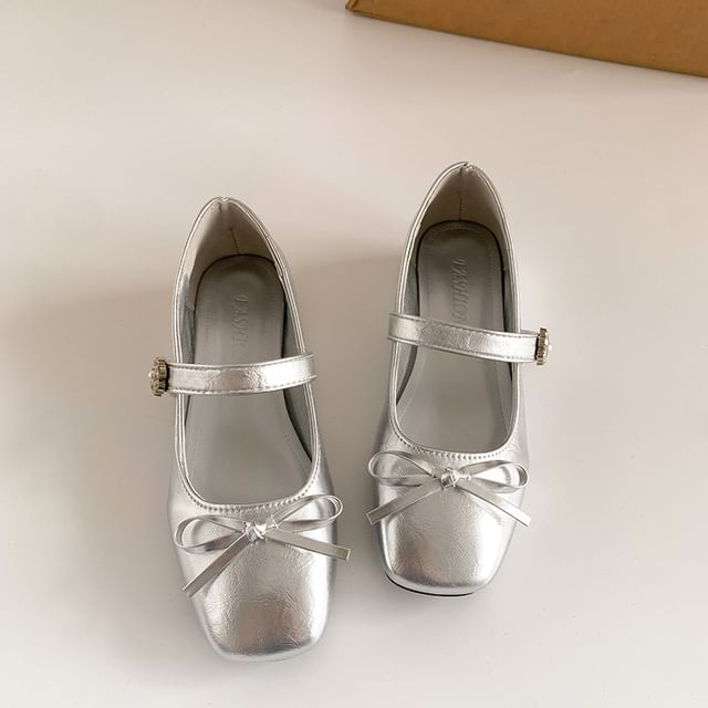 Low Bow Jane Toe Mary Faux Heel Pumps Leather Square