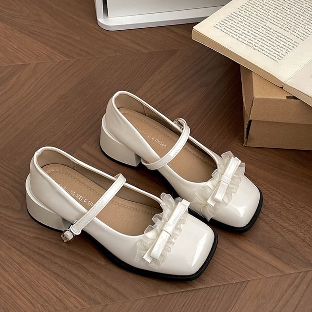 Trim Bow Heel Toe Frill Chunky Jane Mary Pumps Square