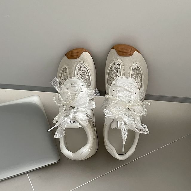 Lace-Up Leather Sneakers Lace Faux Panel Hidden Wedge