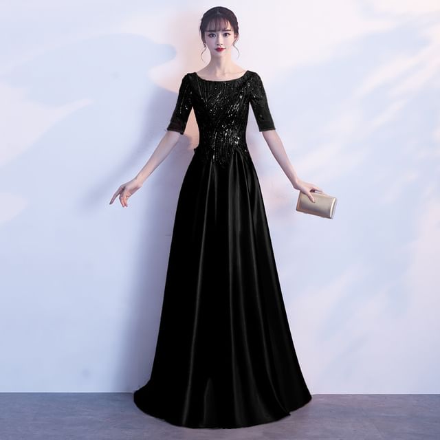 Sequin A-Line Beaded Gown Evening Short-Sleeve