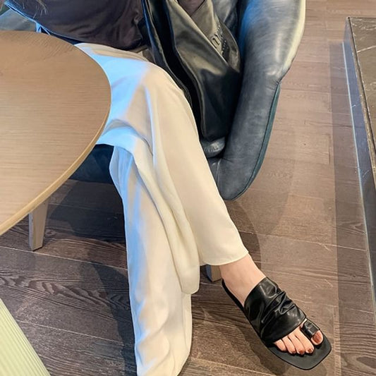 Leather Square Slide Sandals Ruched Faux Loop Toe