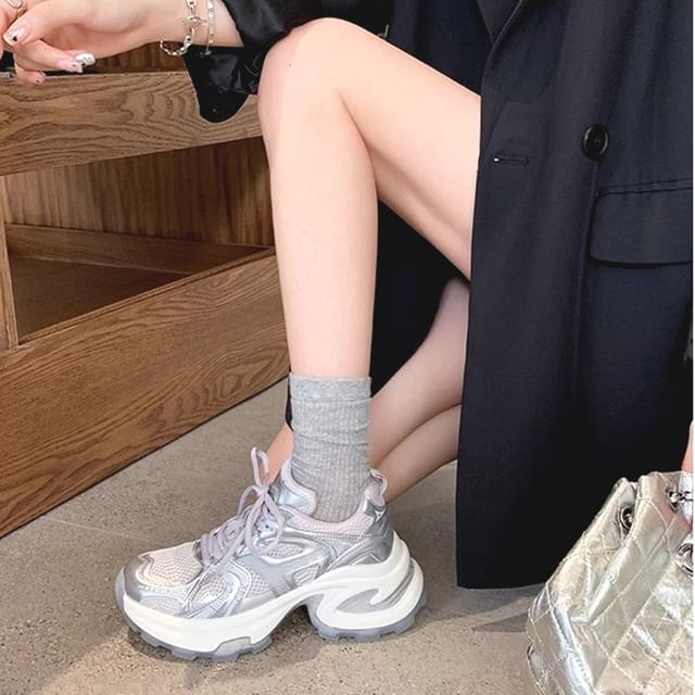 Lace-Up Platform Genuine Sneakers Panel Leather Mesh