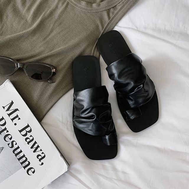 Leather Square Slide Sandals Ruched Faux Loop Toe