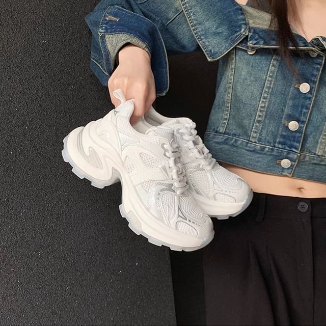 Lace-Up Platform Genuine Sneakers Panel Leather Mesh