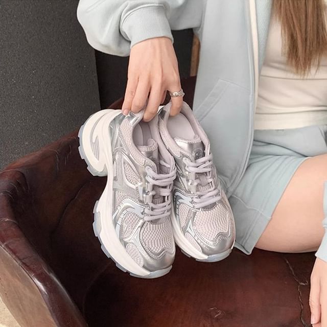 Lace-Up Platform Genuine Sneakers Panel Leather Mesh