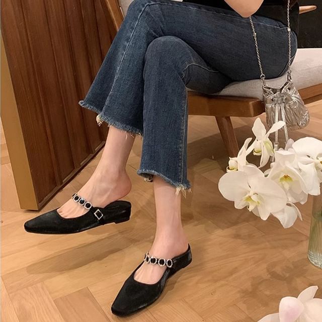 Leather Mules Faux Wedge Hidden Mary Rhinestone Jane