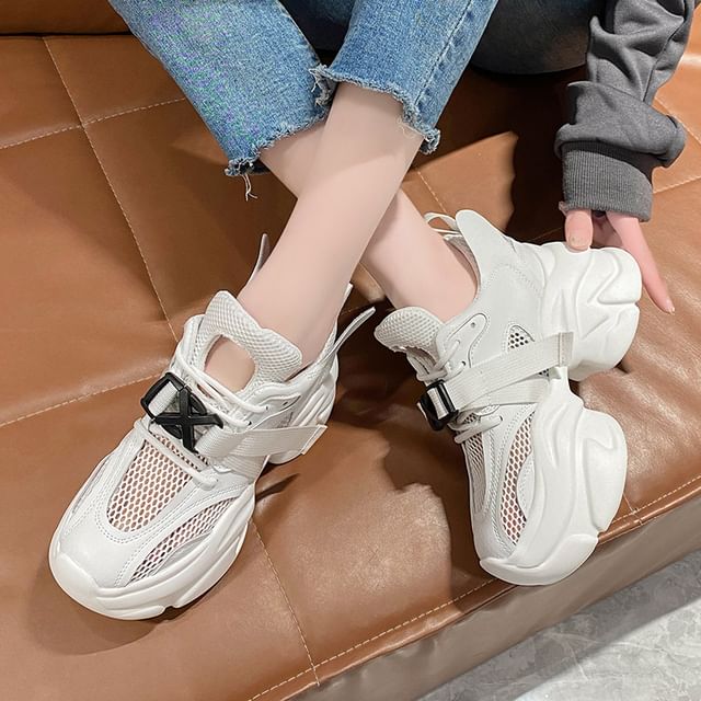 Platform Buckled Lace-Up Sneakers Mesh