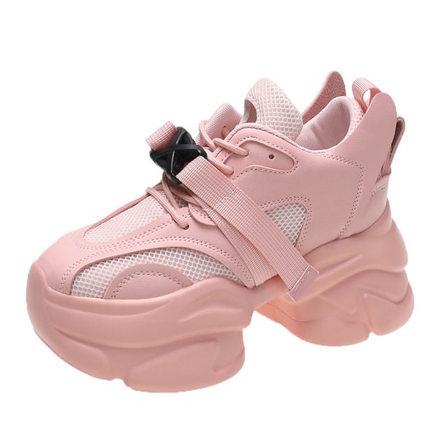 Platform Buckled Lace-Up Sneakers Mesh