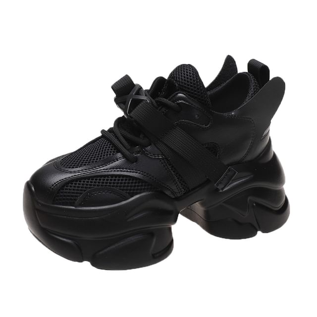 Platform Buckled Lace-Up Sneakers Mesh