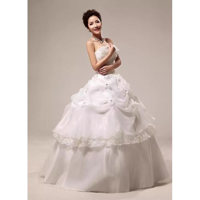 Strapless Floral Ruched Ball Panel Gown Lace Accent