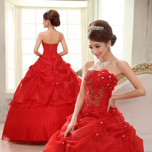 Strapless Floral Ruched Ball Panel Gown Lace Accent