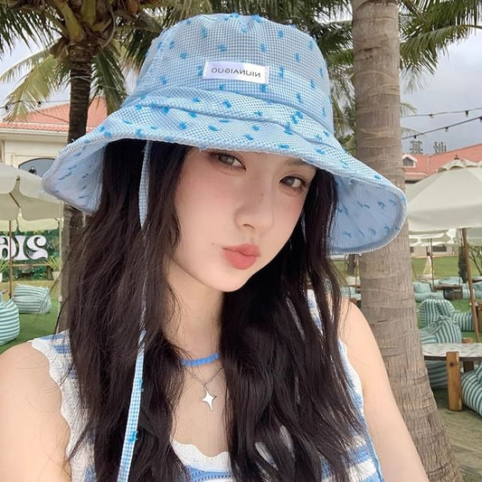 Bucket Applique Lettering Plaid Hat