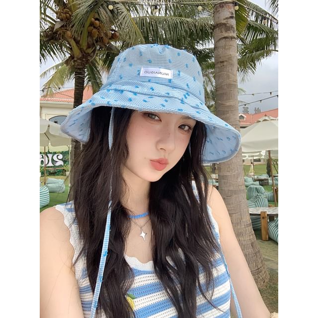 Bucket Applique Lettering Plaid Hat