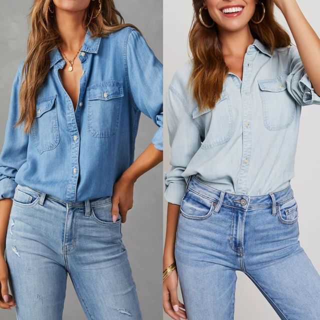 Long Sleeve Shirt V-Neck Denim Loose-Fit
