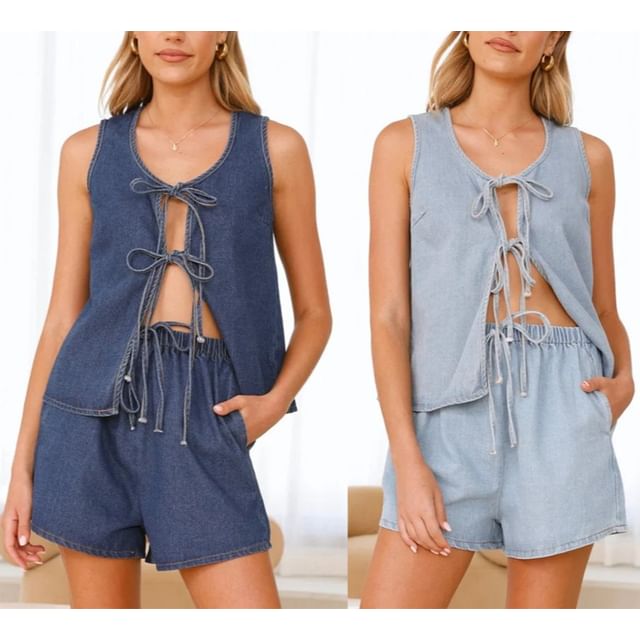 Tie-Front + Waist Shorts Wide-Leg Top Set: Tank Mini V-Neck Denim High