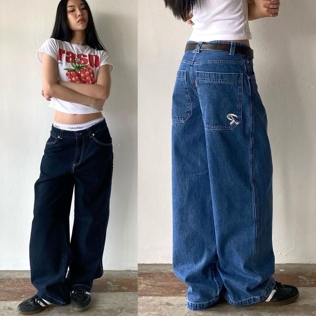 Loose-Fit Wide-Leg Jeans Washed Low Rise