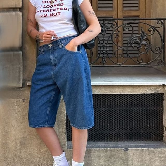 Waist Low Shorts Washed Pocket Denim Straight-Leg