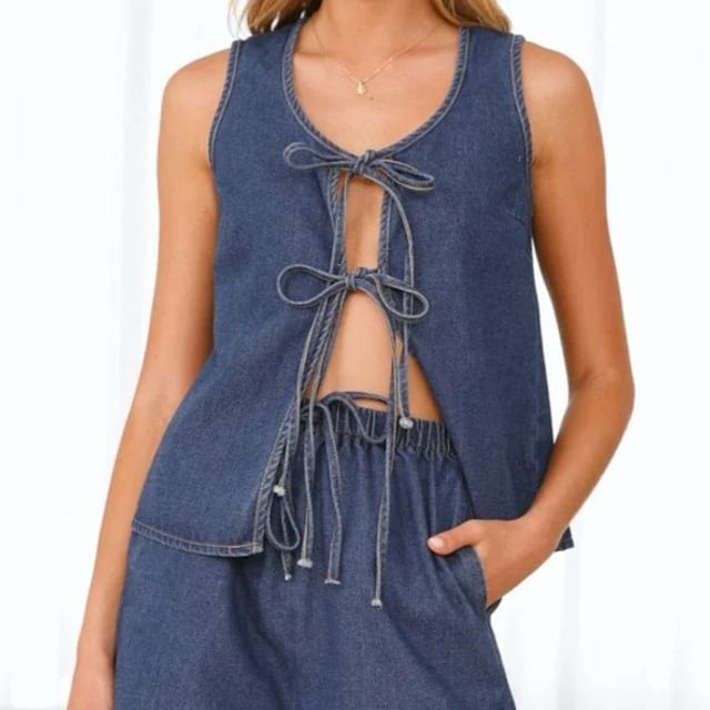 Tie-Front + Waist Shorts Wide-Leg Top Set: Tank Mini V-Neck Denim High