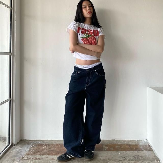 Jeans Wide-Leg Low Rise Loose-Fit Washed