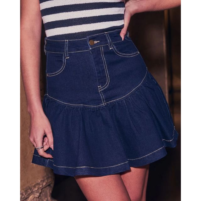 Cropped Zip-Up Jacket Mini High Denim Waist Sleeve Long A-Line Washed Skirt /