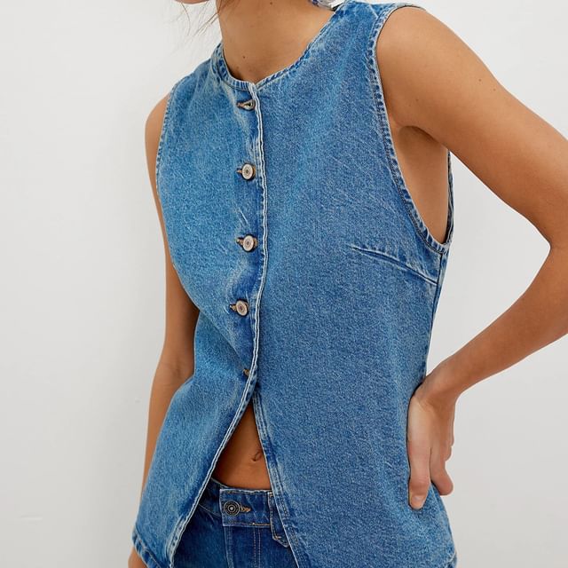 Slim-Fit Washed Denim Button-Up Tank Top