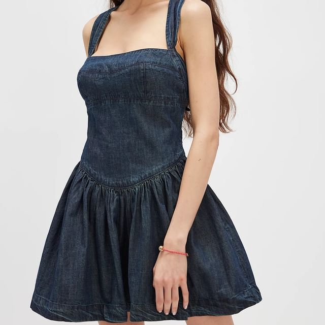 Washed Dress Denim Square-Neck Mini Slim-Fit Sleeveless