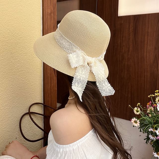 Bucket Lace Straw Ribbon Hat