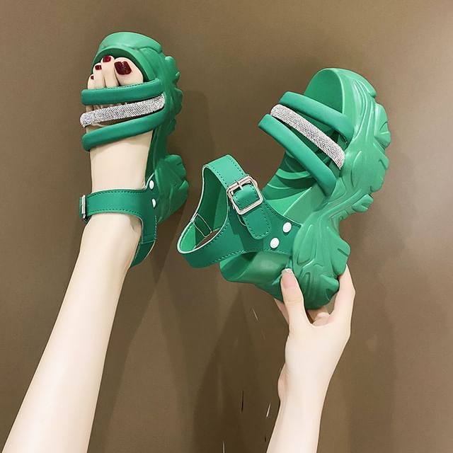 Platform Sandals Rhinestone Strappy Chunky Heel