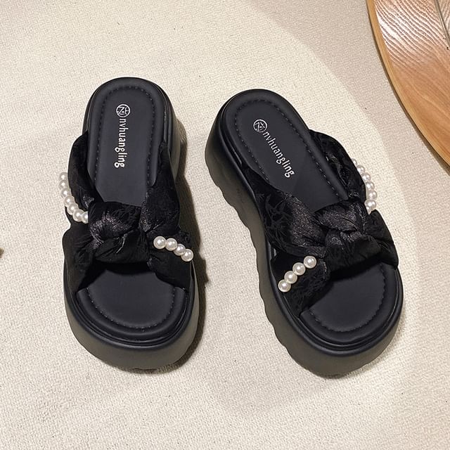 Sandals Faux Platform Patterned Pearl Slide Knot