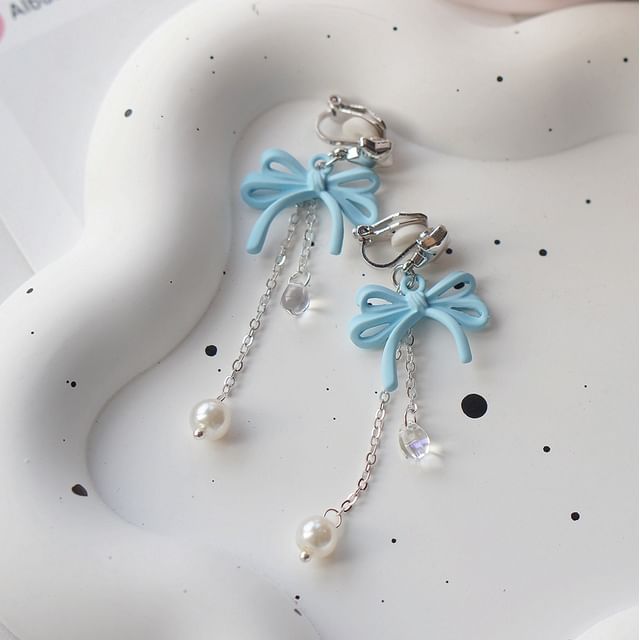 Drop Bow Sterling 925 Clip-On Earring Silver / Pearl Faux