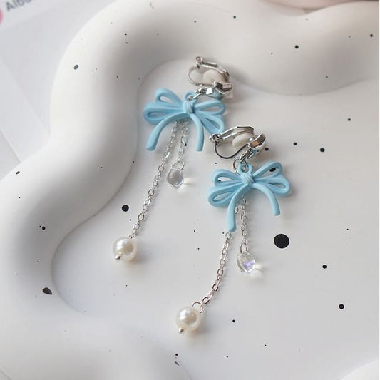 Drop Bow Sterling 925 Clip-On Earring Silver / Pearl Faux