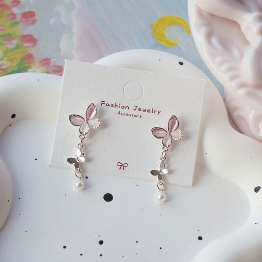 Sterling 925 Earring Butterfly Faux Drop Clip-On Pearl Silver /